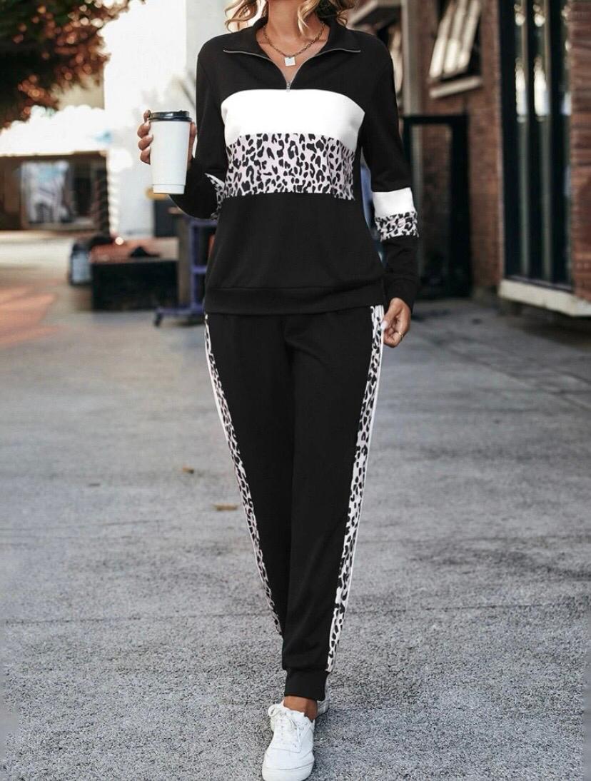 Matching Set Leopard Half Zip Sweatshirt and Side Stripe Pants Two Pieces Set