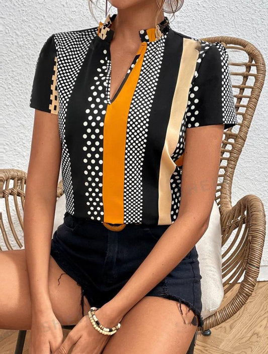 POLKA DOT STRIPE MOCK NECK BLOUSE TOPS