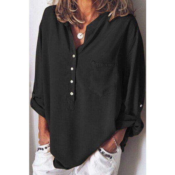 Women Mandarin Collar Half Button Down Rolled-up Sleeve  Shirts Blouses with Pocket