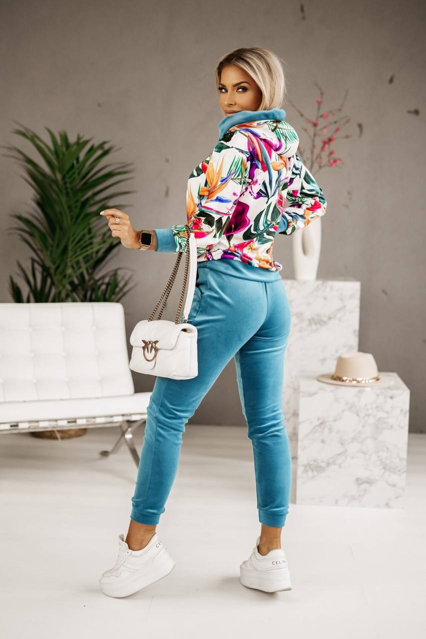 Floral Hoodie and Solid Velour Pants Matching Set