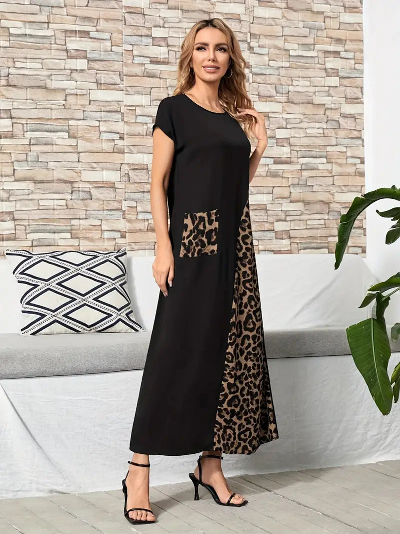 COLOR BLOCK LEOPARD LONG DRESS WITH POCKET