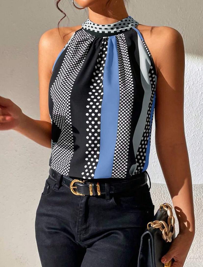 Stripe Halter Top with Keyhole Back and Polka Dot Stripe Sleveless Blouse