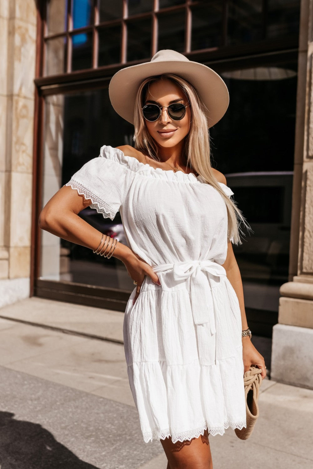 SOLID COLOR, OFF-SHOULDER LINEN DRESS