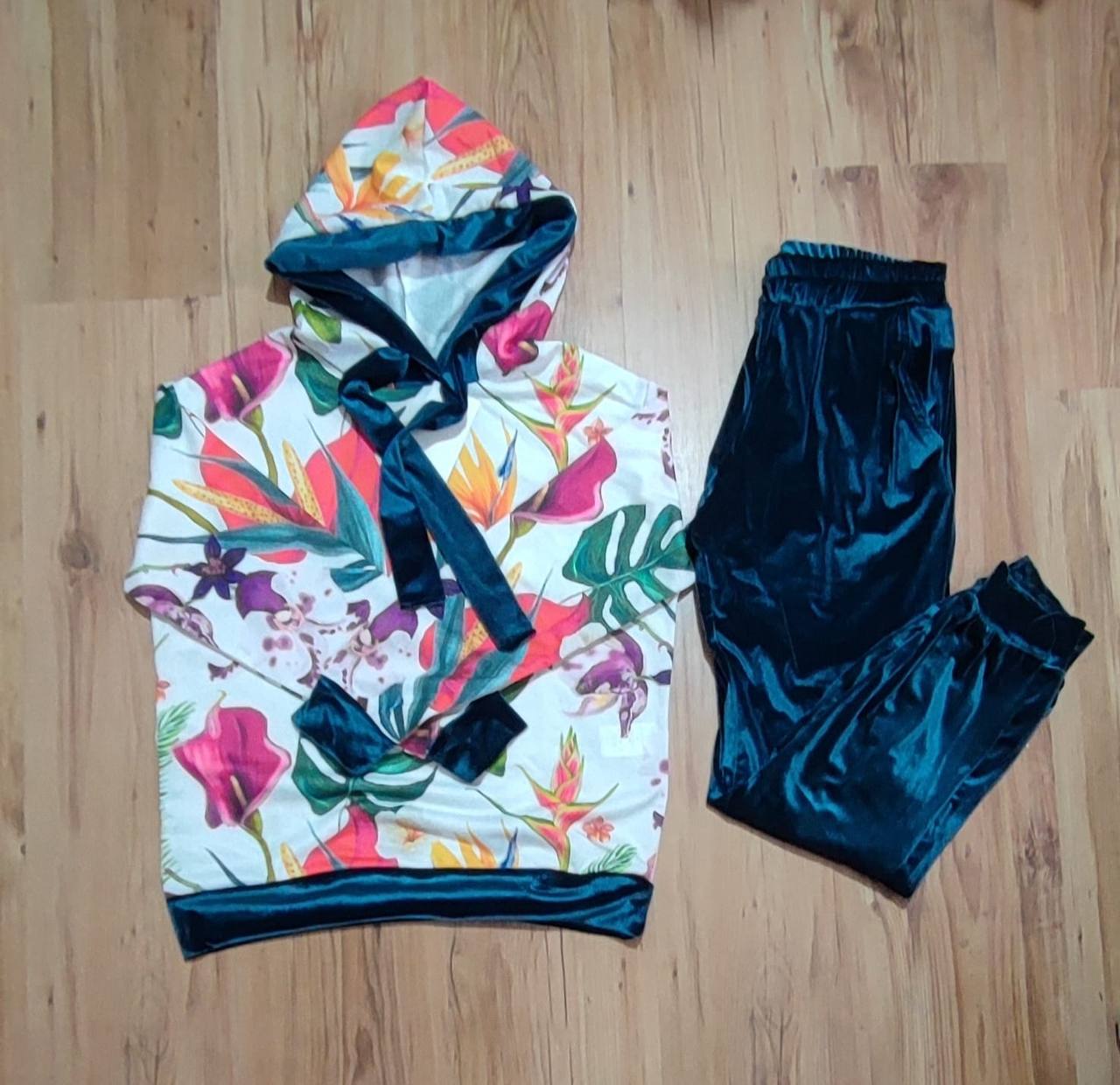 Floral Hoodie and Solid Velour Pants Matching Set