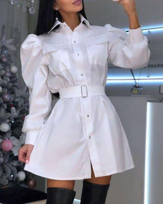 Ruffled Long Sleeve Shirt Dress with Belt