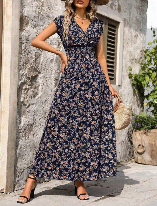 V Neck Flower Printed Dress with Sleeveless