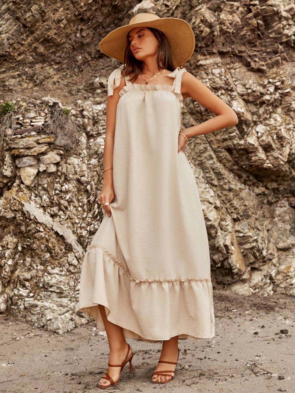 RUFFLE SHOULDER TIE VACATION MAXI DRESS