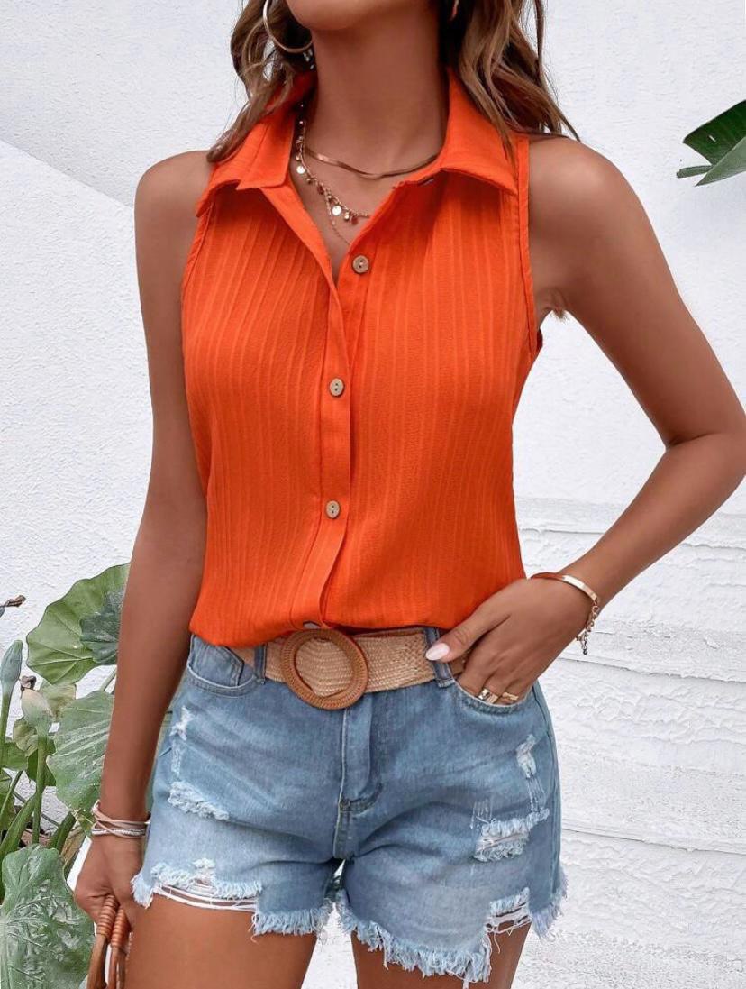 CRINKLE SLEEVELESS BUTTON FRONT SHIRTS TOPS