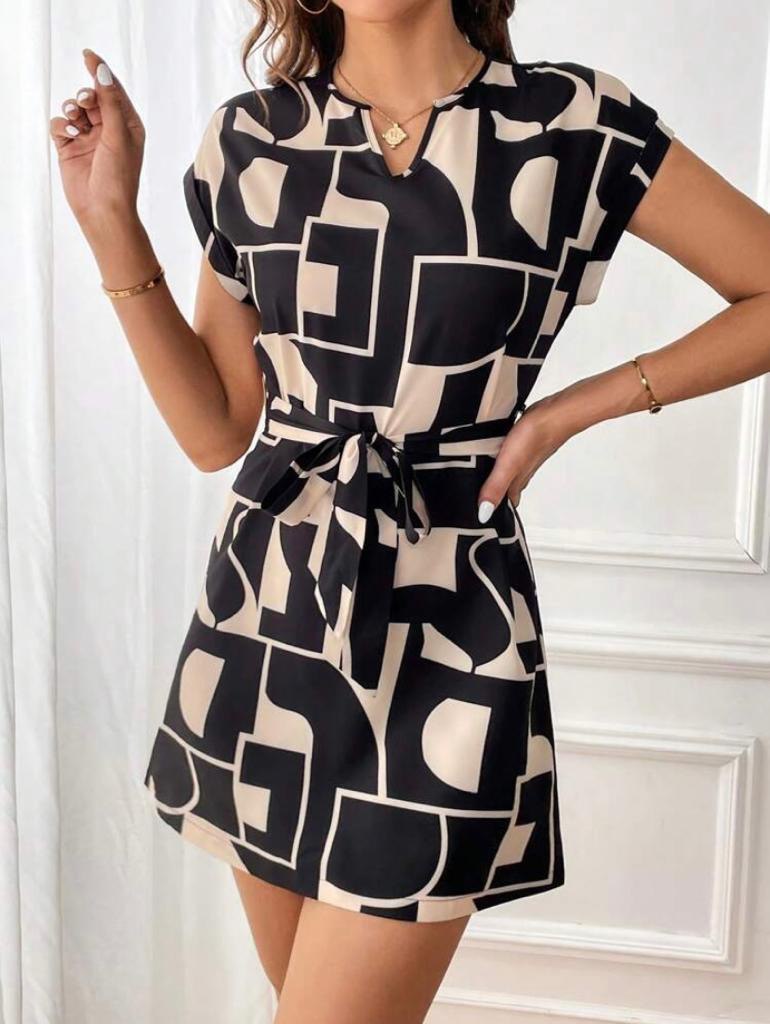 Short Sleeve Geo Design Belted V Neck Mini Dress