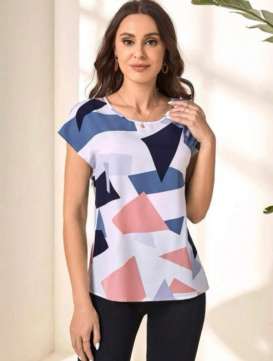 GEOMETRIC ABSTRAC SHORT SLEEVE TOPS BLOUSE