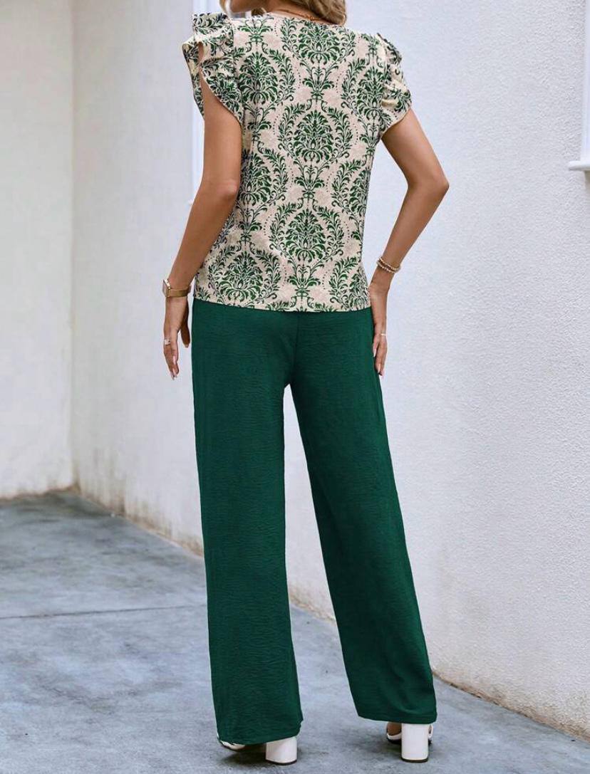 Vacation Style Summer Pantsuits Set, Floral Print V-neck Blouse & Tie Waist Wide Leg Pants Outfits