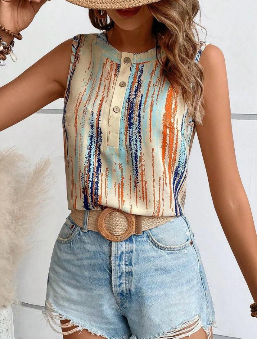 Multicolor Summer Blouse Tops with Half Button Sleeveless