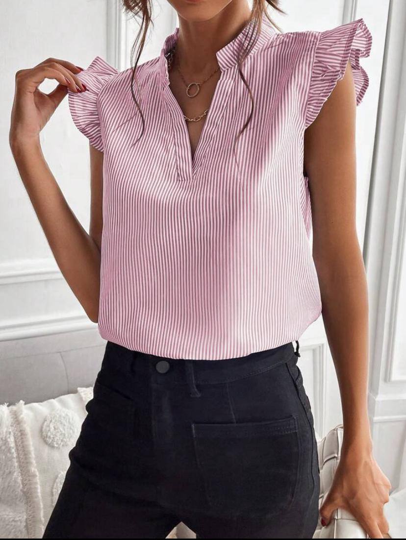 V NECK RUFFLE TRIM TOPS  BLOUSE