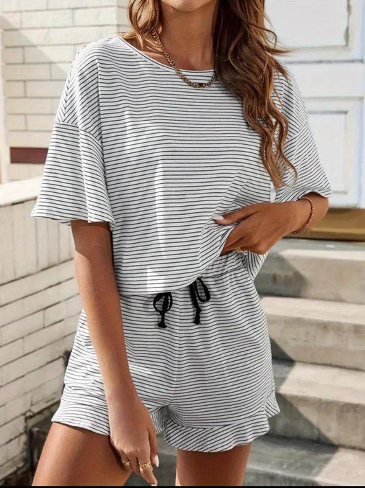 2 Piece Outfits Striped Print Lounge Sets Short Sleeve Top and Shorts Matching Set