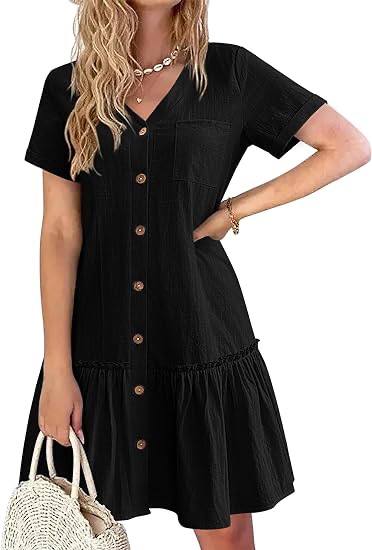 Casual Button Down Shirt Dress Short Sleeve V Neck Mini Summer Dress