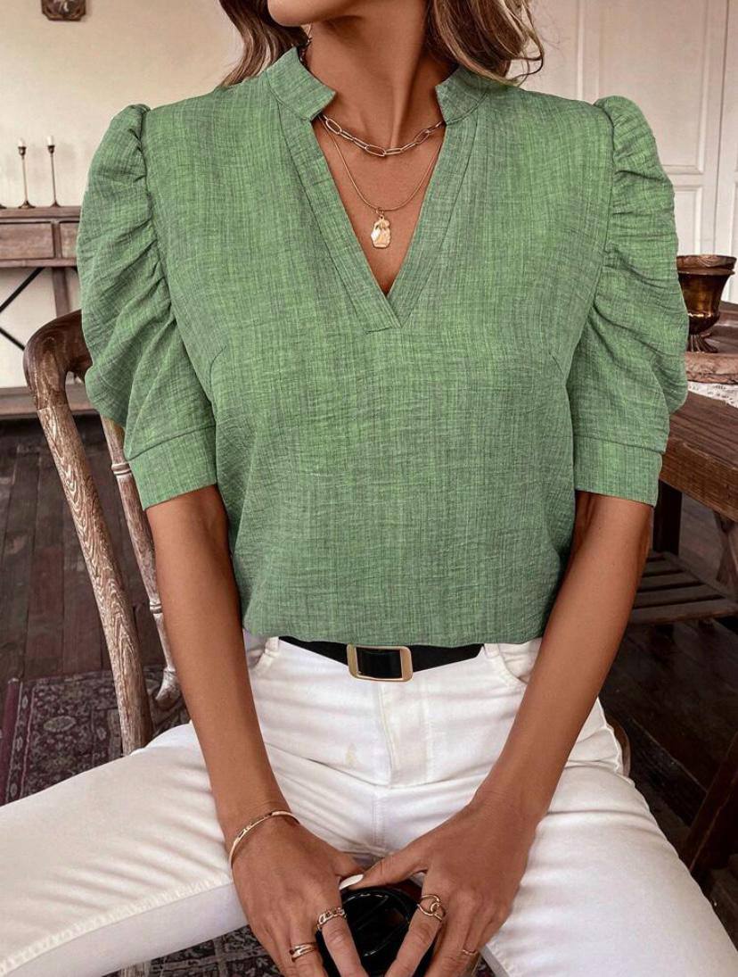 V NECK SOLID PUFF SLEEVE BLOUSE