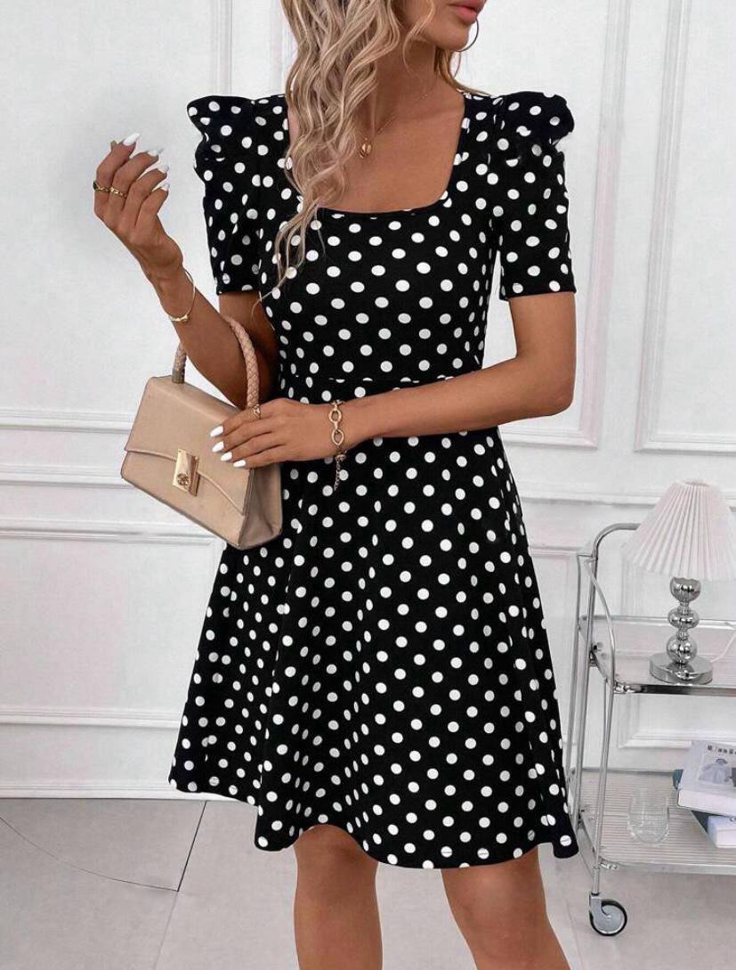 SHORT BUBBLE SLEEVE SQUARE NECK POLKA DOT SHORT DRESS