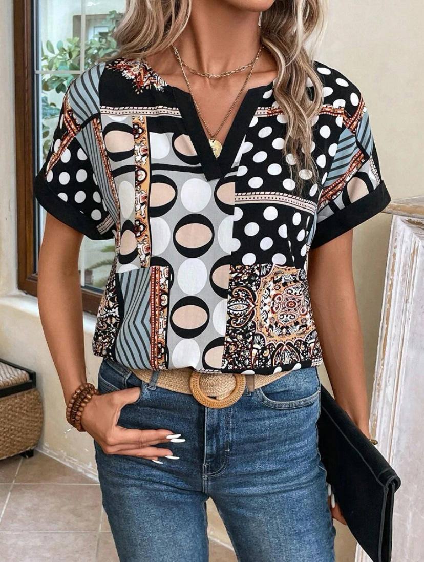 Ethnic Polka Dot V Neck Blouse