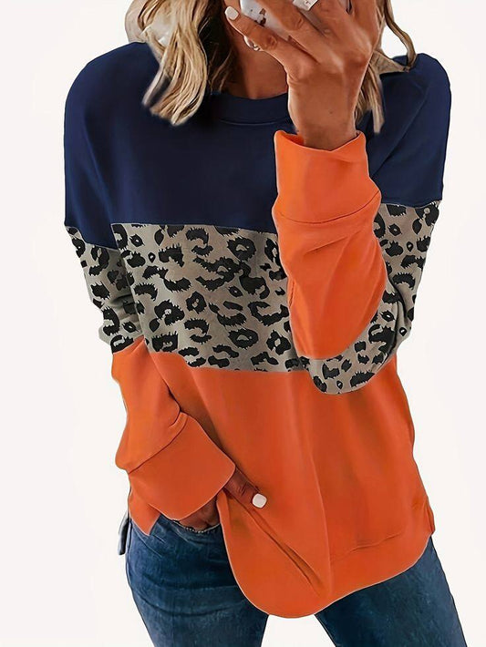 Color Block Leopard Pullover Sweatshirt Blouse