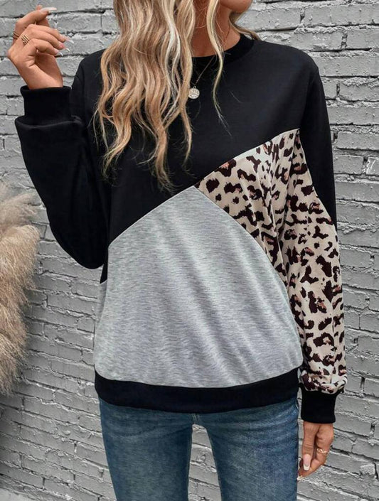 Color Block Leopard Pullover Sweatshirt Blouse