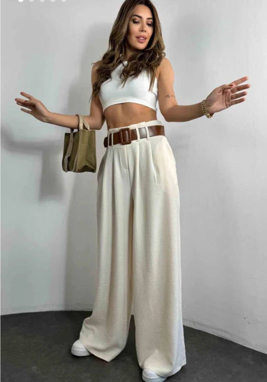 Solid Color Slanted Pocket Wide Leg Pant With Belt