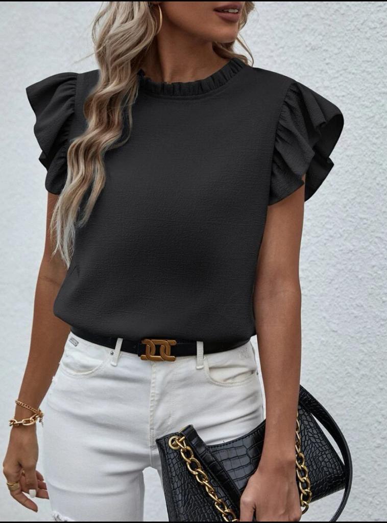 MOCK NECK RUFFLE TRIM TOPS  BLOUSE