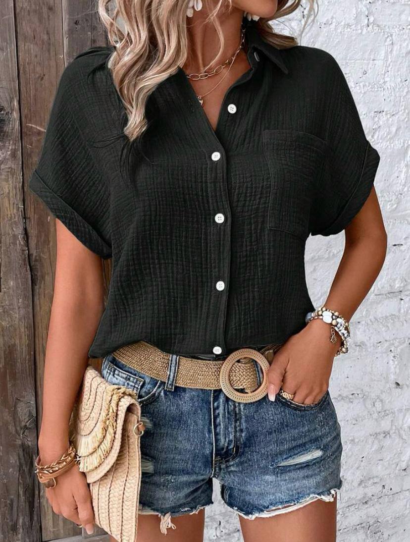 WOMEN TEXTURED BUTTON DOWN SHIRT WITH BATWING SLEEVE