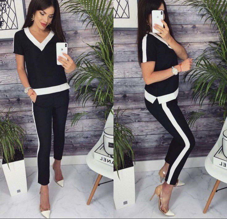 2 Pieces Set V Neck Top Blouse and Skinny Pants