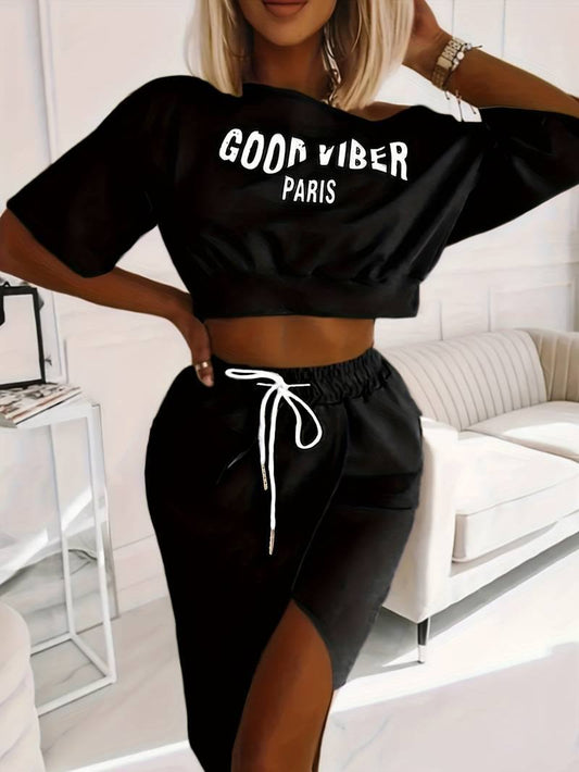 LETTER PRINT SET CROP ELEGANT MATCHING