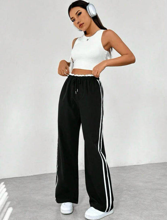 Women Side Stripe Wide Leg Sweatpants with Waist Detail