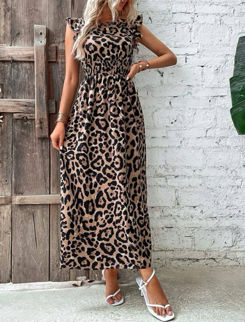 Boho Leopard Ruffle Trim Dress with Sleeveless