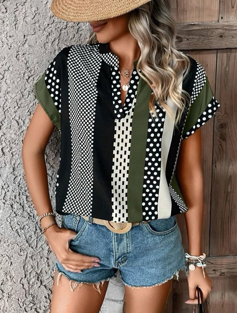 POLKA DOT STRIPE V NECK BATWING SHORT SLEEVE TOPS BLOUSE