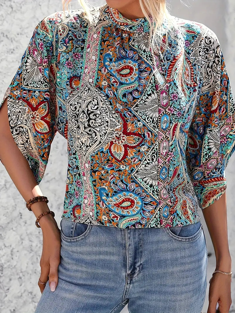 Boho Paisley Mock Neck Batwing Sleeve Blouse