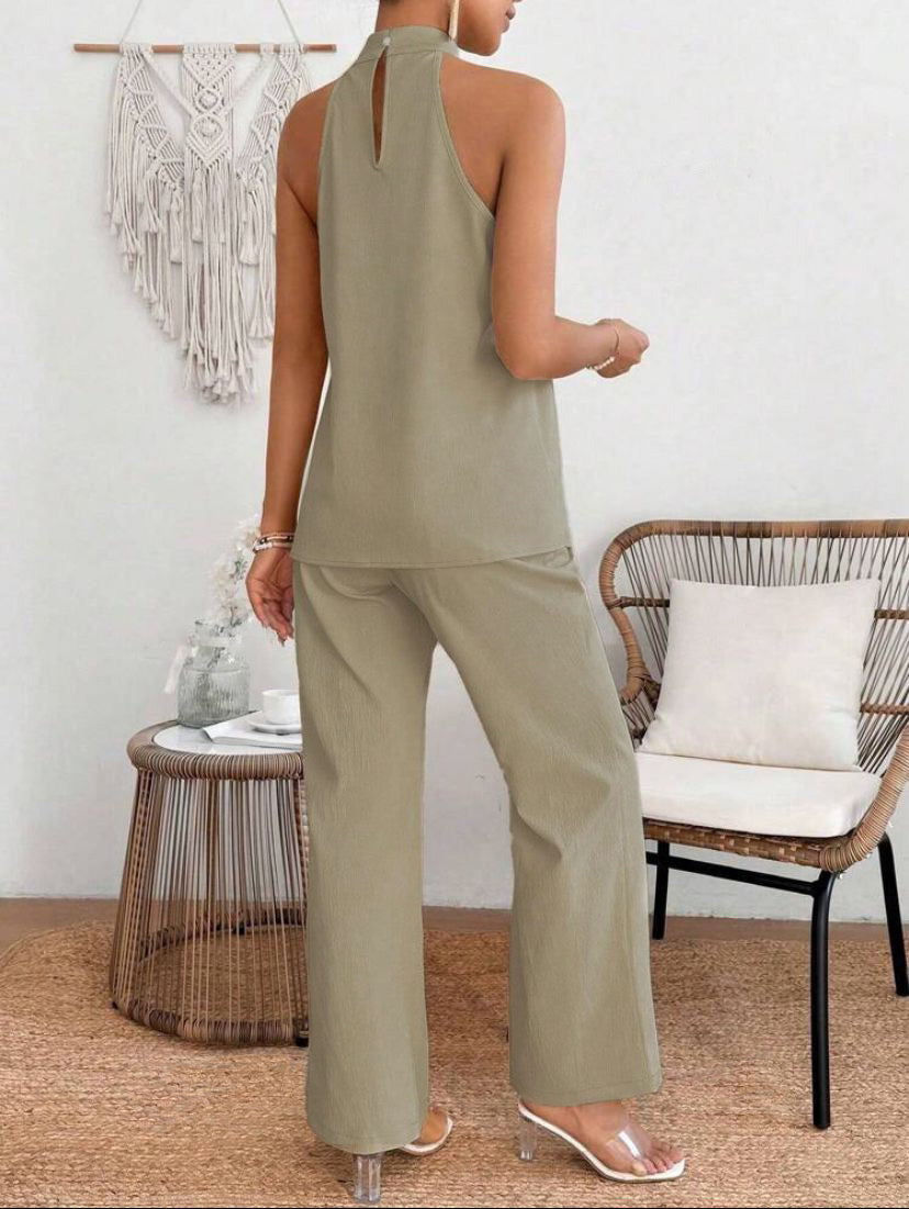 2 Pieces Set Keyhole Back Top and Wide Leg Pants Set