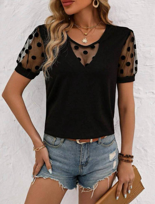 POLKA DOT MESH PATCHWORK SHORT PUFF SLEEVE T-SHIRT