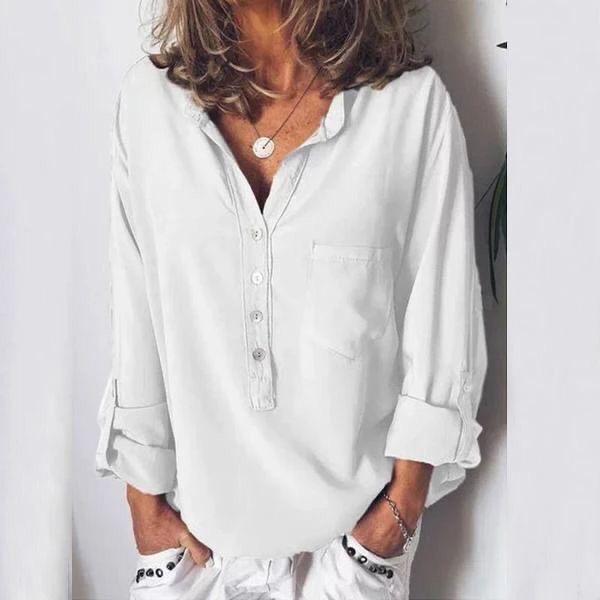 Women Mandarin Collar Half Button Down Rolled-up Sleeve  Shirts Blouses with Pocket