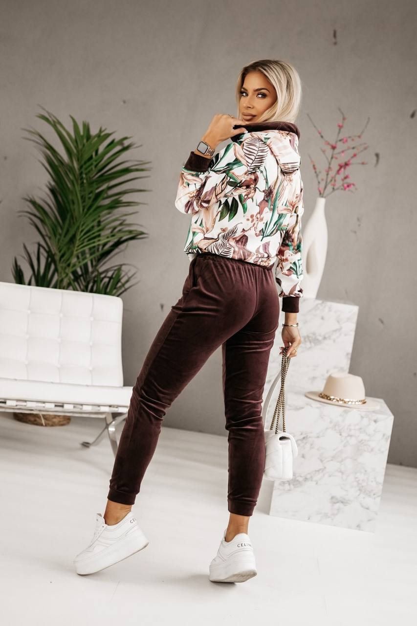 Floral Hoodie and Solid Velour Pants Matching Set