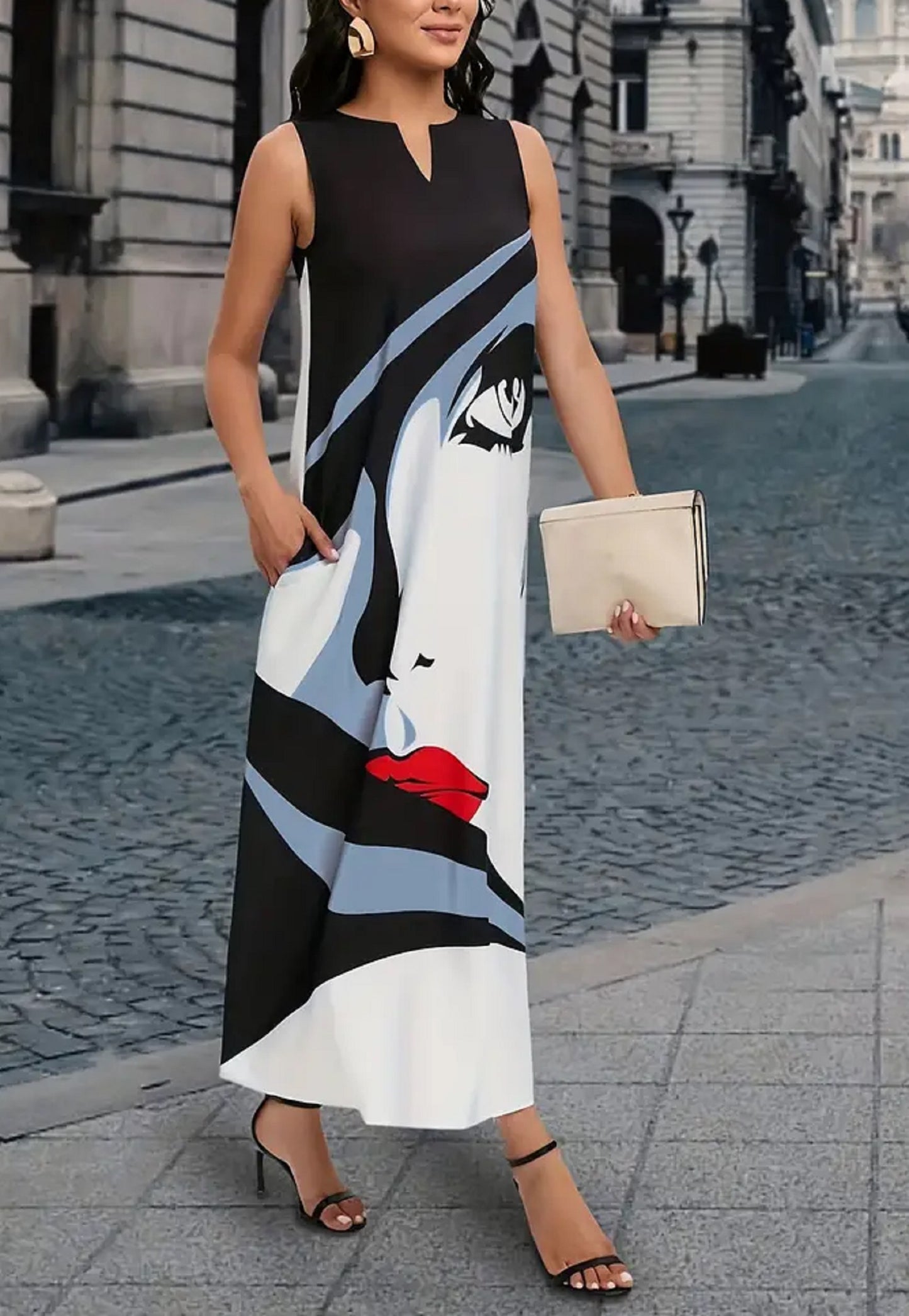 Floral Print Notched Neck Long Dress Casual Sleeveless Maxi Dress