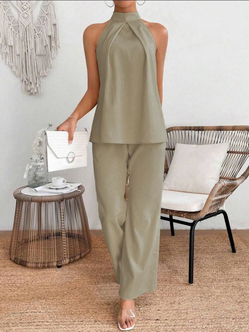 2 Pieces Set Keyhole Back Top and Wide Leg Pants Set