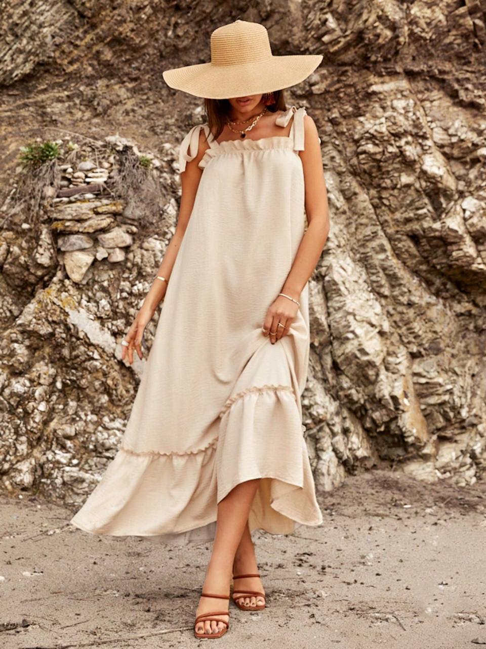 RUFFLE SHOULDER TIE VACATION MAXI DRESS