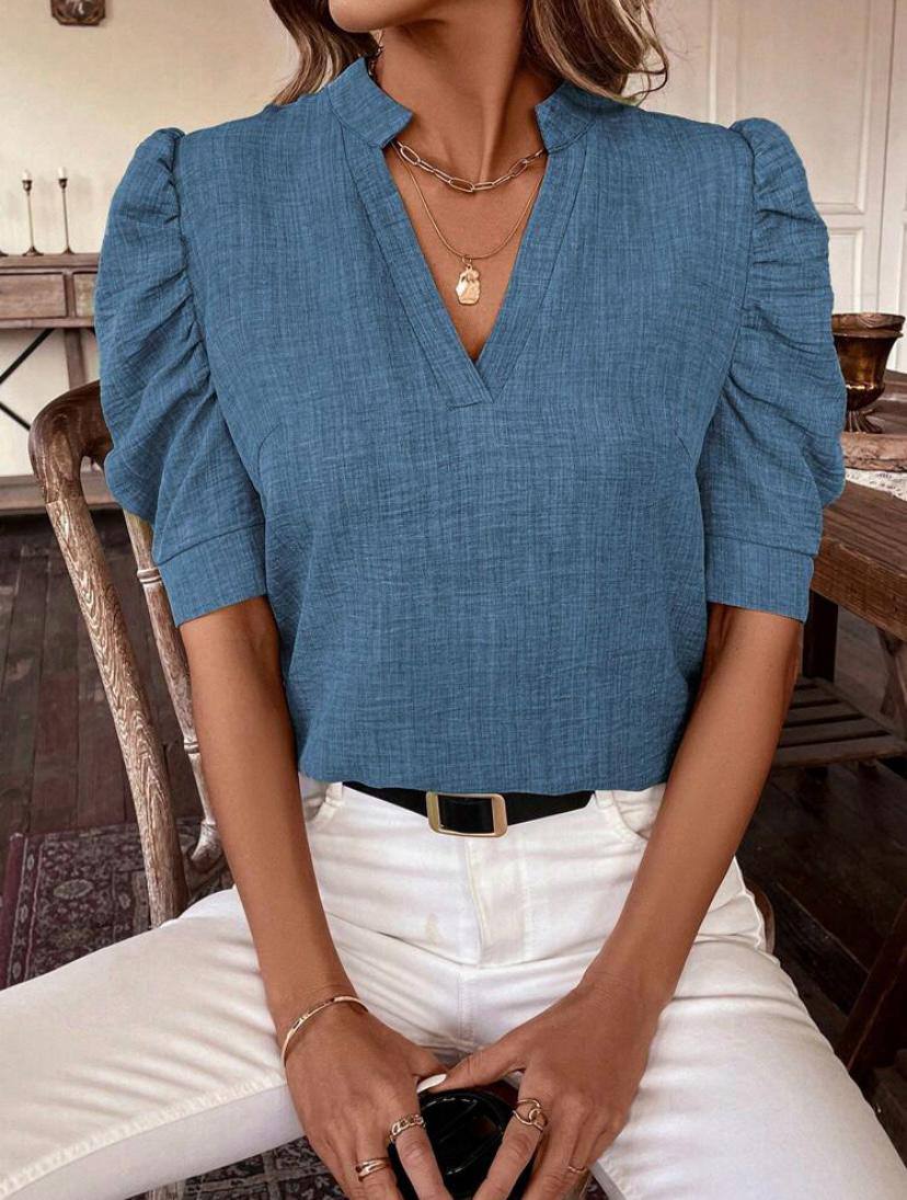 V NECK SOLID PUFF SLEEVE BLOUSE