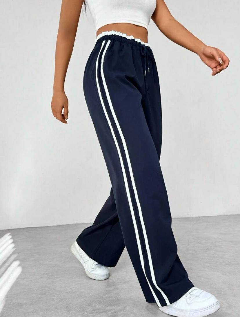 Women Side Stripe Wide Leg Sweatpants with Waist Detail