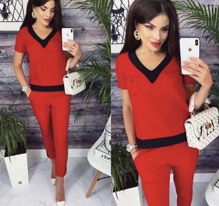 2 Pieces Set V Neck Top Blouse and Skinny Pants