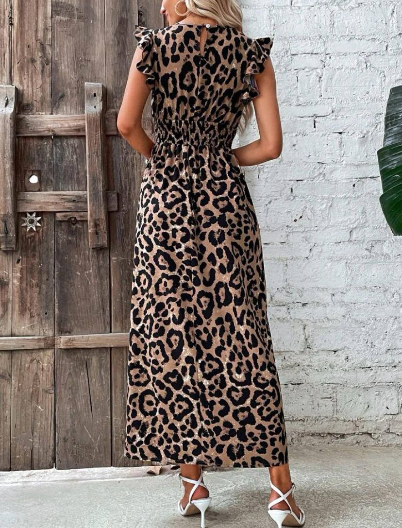 Boho Leopard Ruffle Trim Dress with Sleeveless