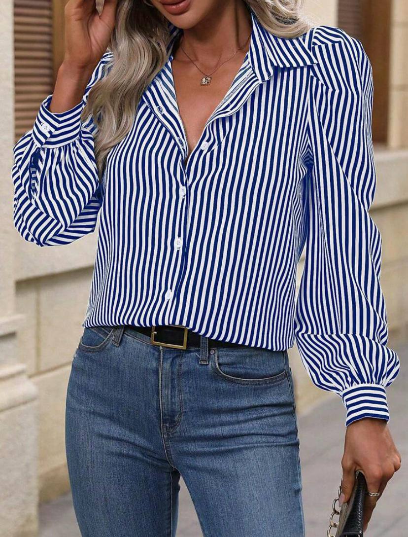 PUFF STRIPE BUTTON DOWN SHIRT CASUAL COLLARED BLOUSE