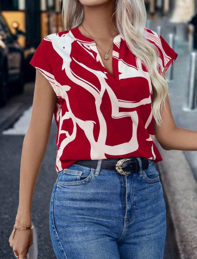 V NECK PRINTED SHORT SLEEVE BLOUSE