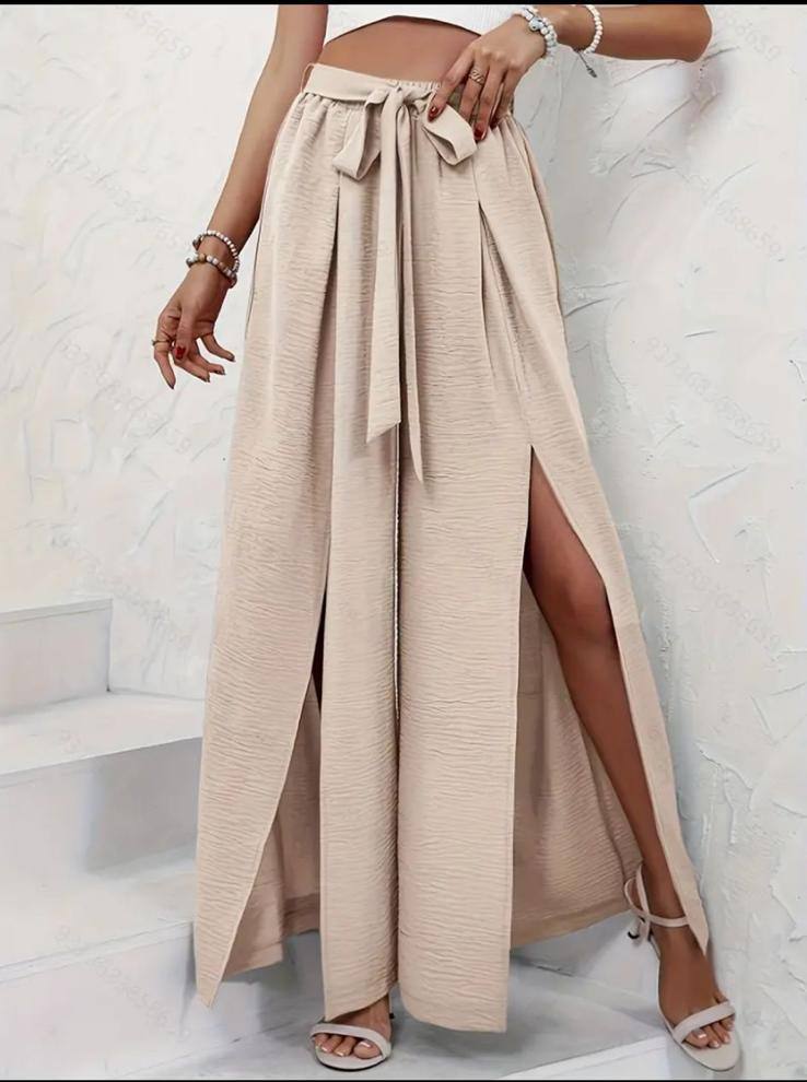 Split Thigh Belted Wide Leg Pants