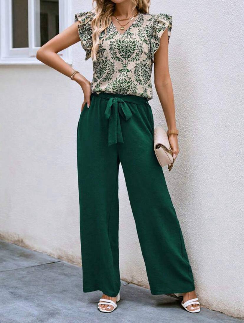 Vacation Style Summer Pantsuits Set, Floral Print V-neck Blouse & Tie Waist Wide Leg Pants Outfits