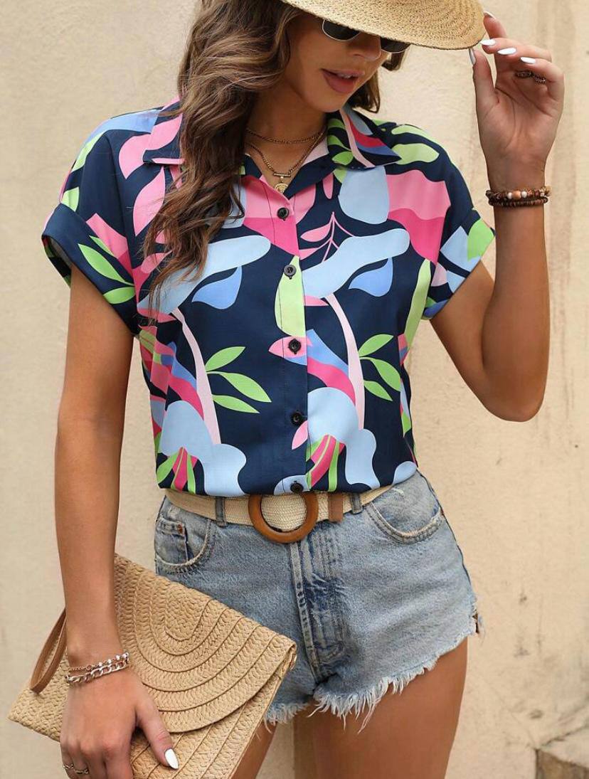 Women Colorful Designer Short Sleeve Button Up Shirts