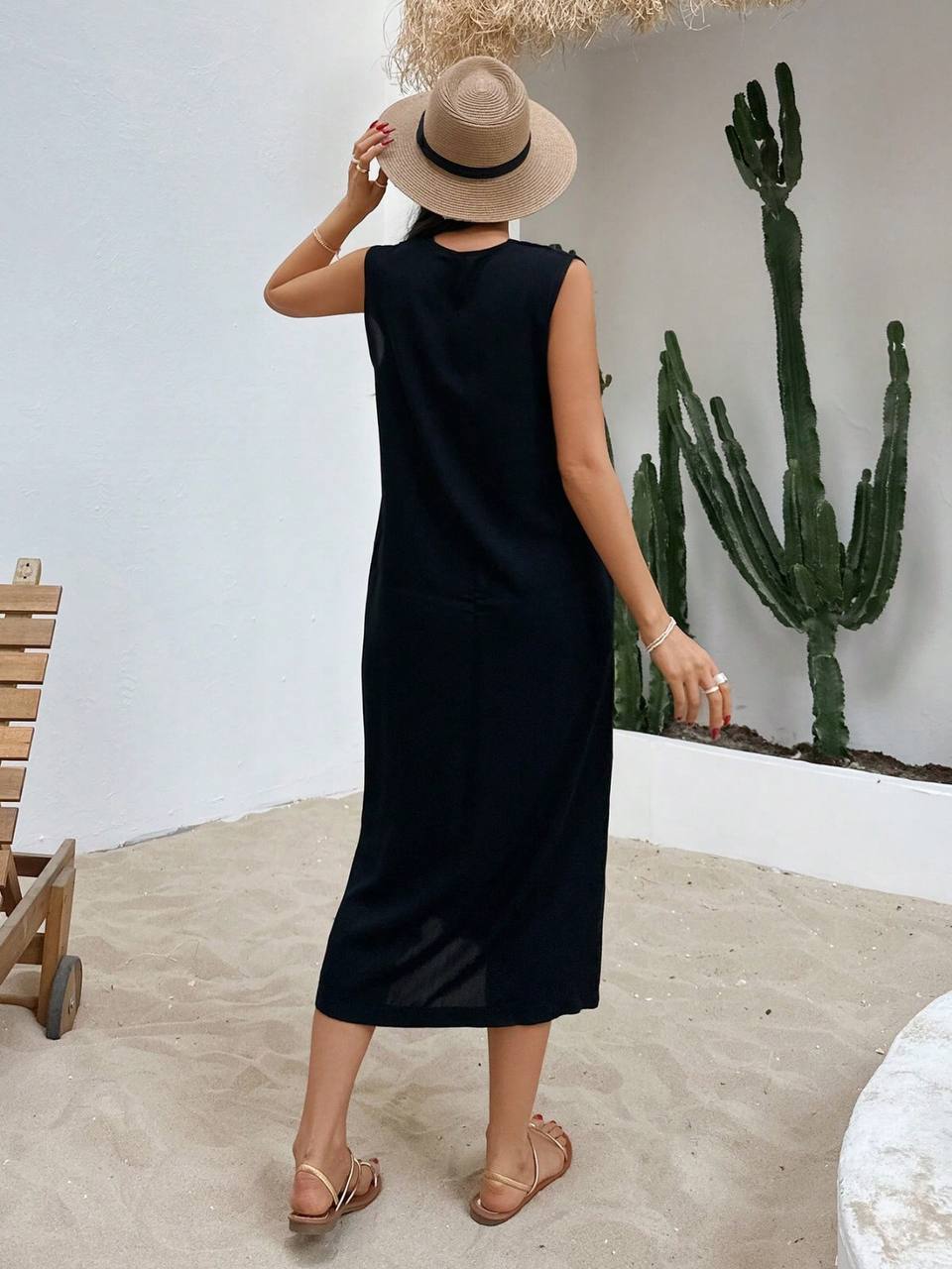 Sleeveless V Neck Viscose Midi Dress